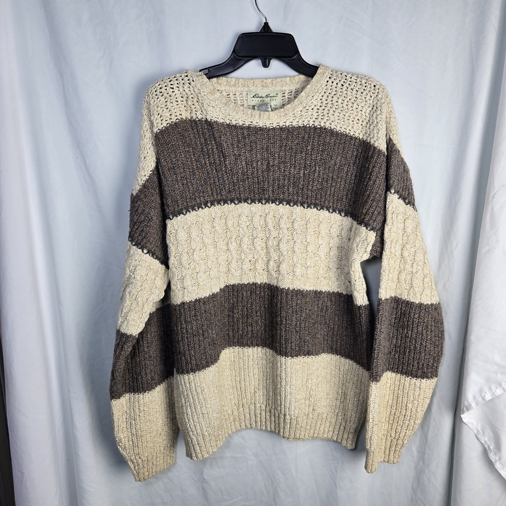 Vintage 90s Eddie Bauer Cotton Colorblock Cable Knit Sweater Mens L USA Chunky